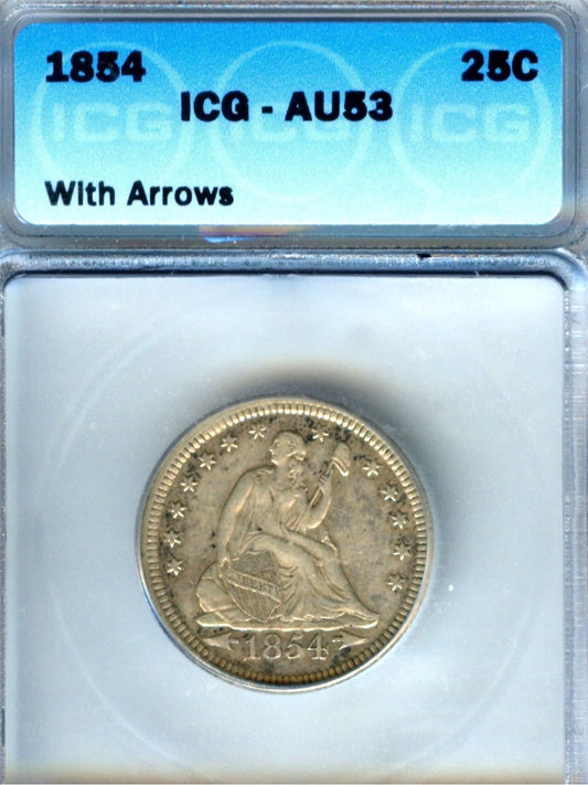 1854 Seated Liberty Quarter Arrows ICG AU53 | Of Coins & Crystals