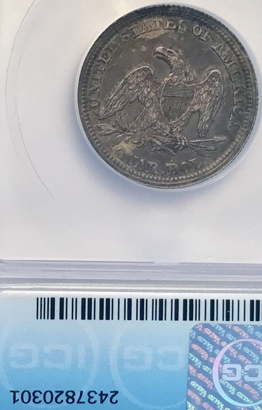 1858 Seated Liberty Quarter  ICG AU58 | Of Coins & Crystals