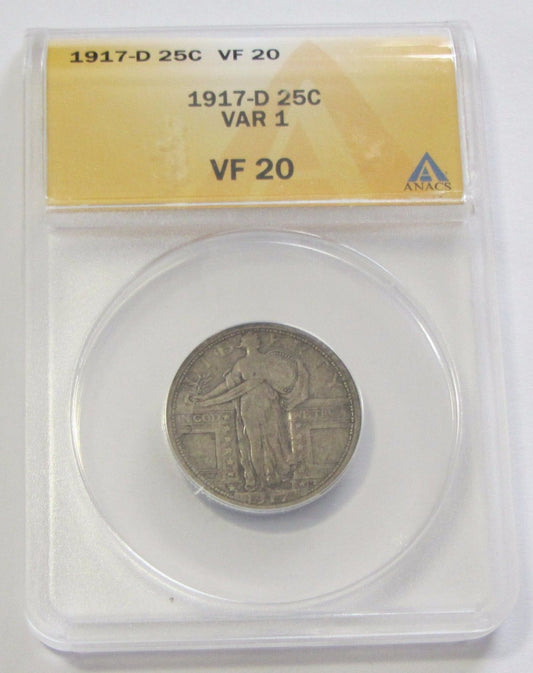 1917-D Type-I Standing Liberty Quarter ANACS VF20 | Of Coins & Crystals