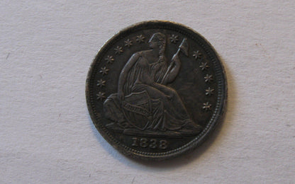 1838 Seated Liberty Half Dime, Large Stars.  AU-50 | Of Coins & Crystals