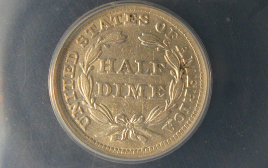 1857 Seated Liberty Half Dime.   ANACS AU-50 | Of Coins & Crystals