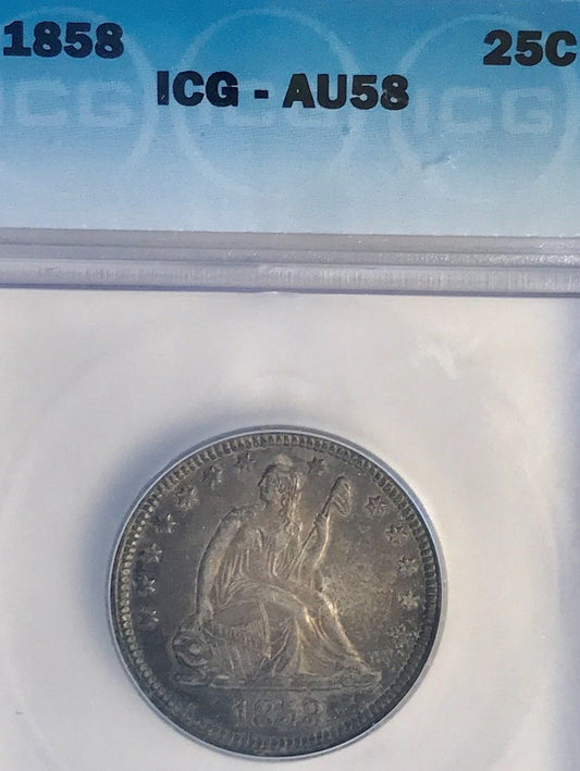1858 Seated Liberty Quarter  ICG AU58 | Of Coins & Crystals