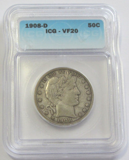 1908D Barber Half Dollar ICG VF-20 | Of Coins & Crystals