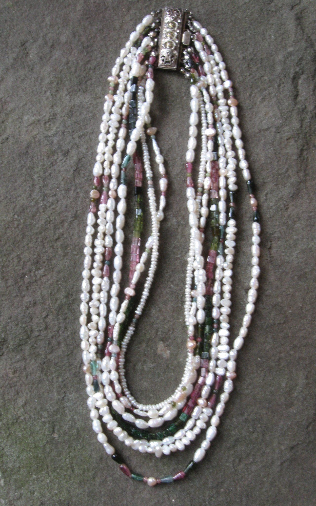 7 Strand Freshwater Pearl & Watermelon Tourmaline | Of Coins & Crystals