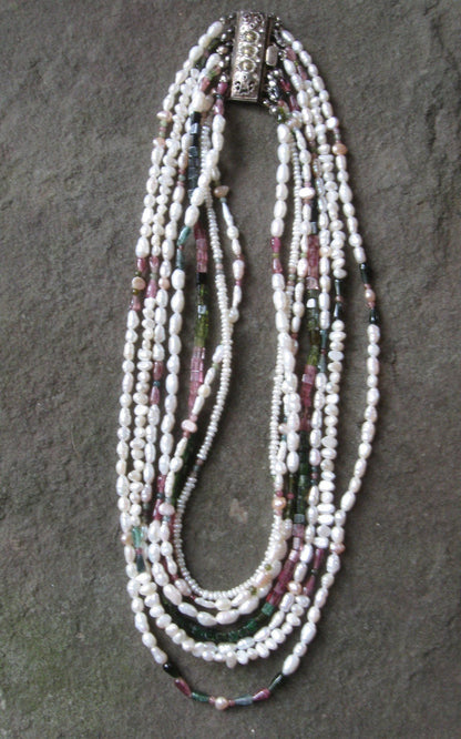 7 Strand Freshwater Pearl & Watermelon Tourmaline | Of Coins & Crystals