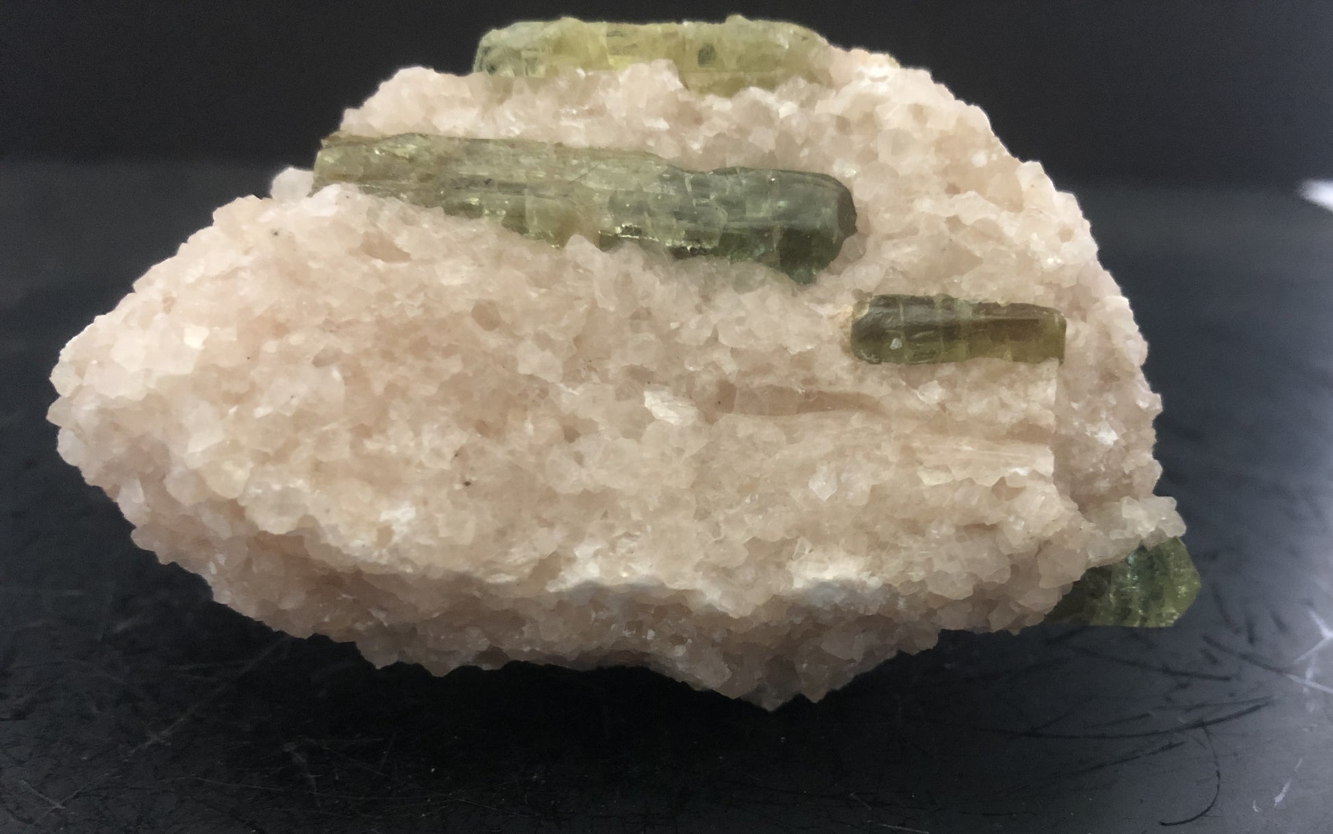 Green Apatite on Calcite  Liscombe Deposit, Ontario, Canada | Of Coins & Crystals